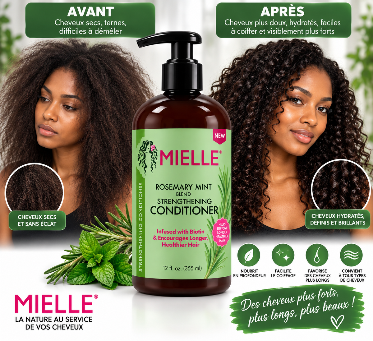 Mielle Rosemary Mint Strengthening Conditioner – Après-Shampooing Fortifiant au Romarin, Menthe & Biotine – 355 ml
