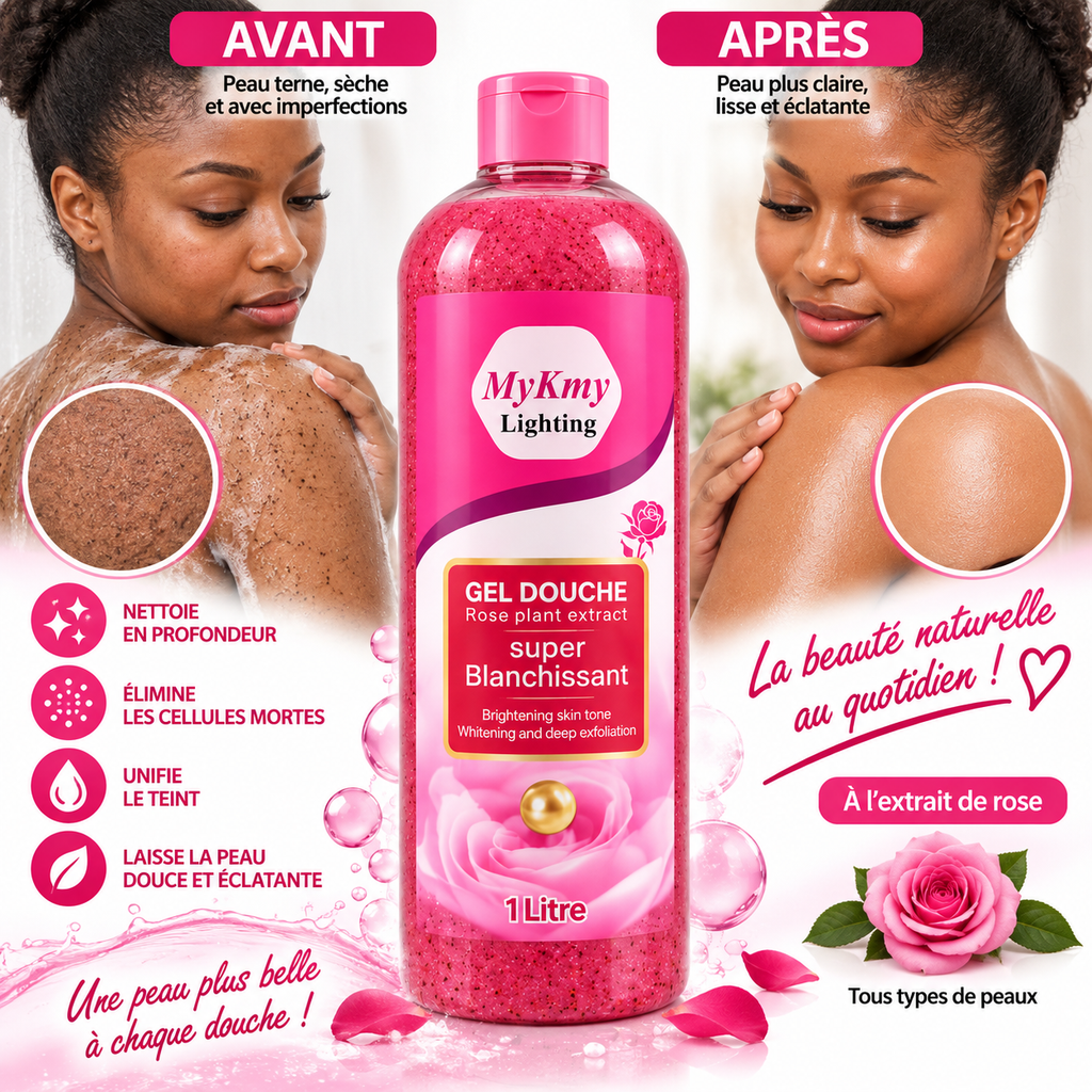 MyKmy Lighting – Gel Douche Exfoliant à l’Extrait de Rose – Soin Éclat & Peau Uniforme – 1 L