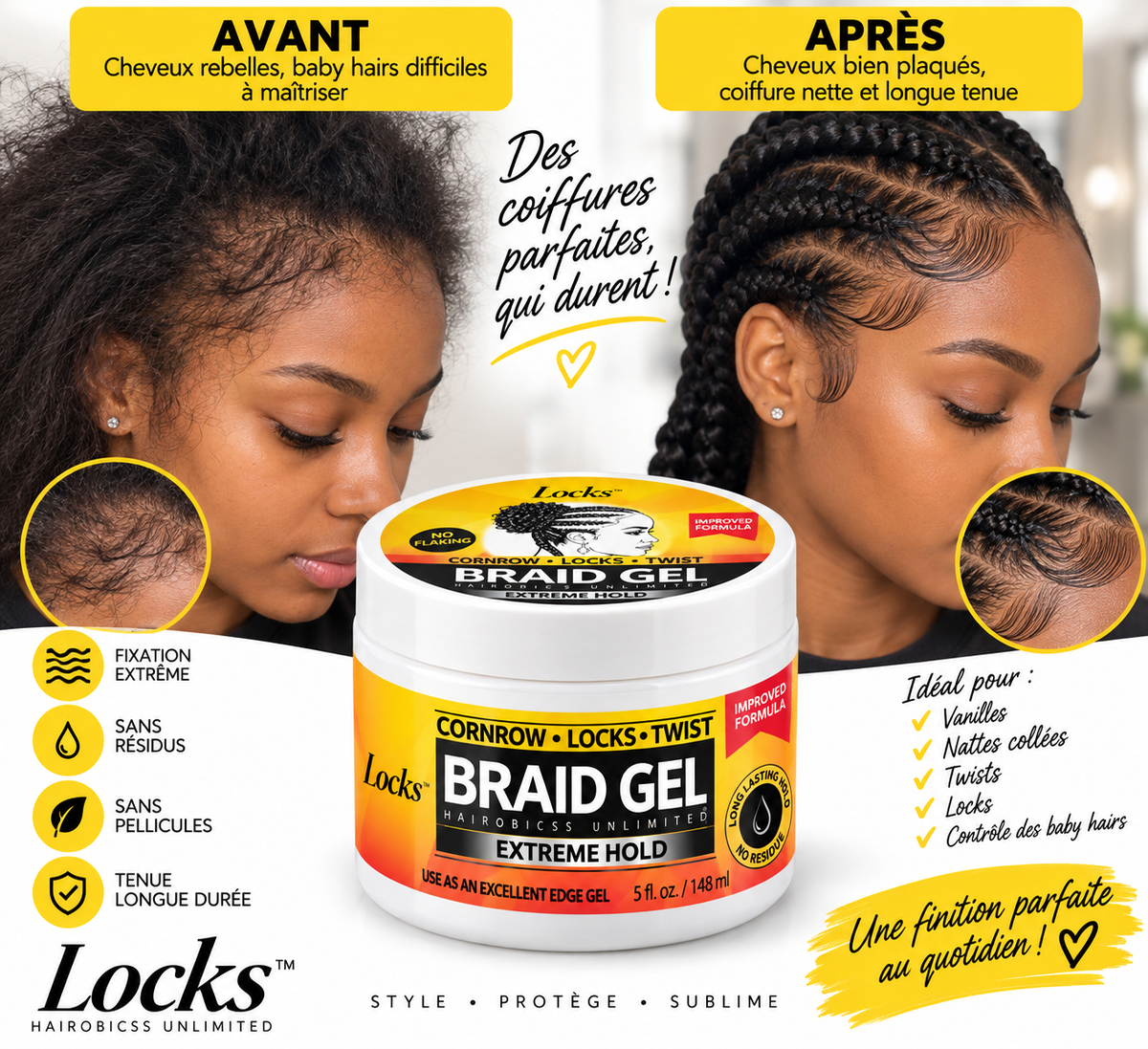 Locks Braid Gel Extreme Hold – Gel Coiffant Fixation Extrême pour Tresses, Locks & Twists – 148 ml