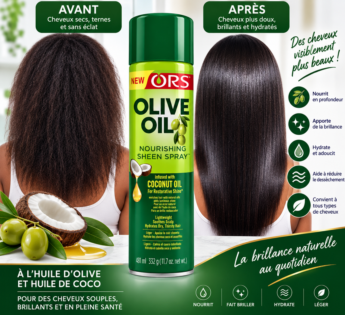 ORS Olive Oil Nourishing Sheen Spray – Spray Nourrissant & Brillance à l’Huile d’Olive et de Coco 481 ml