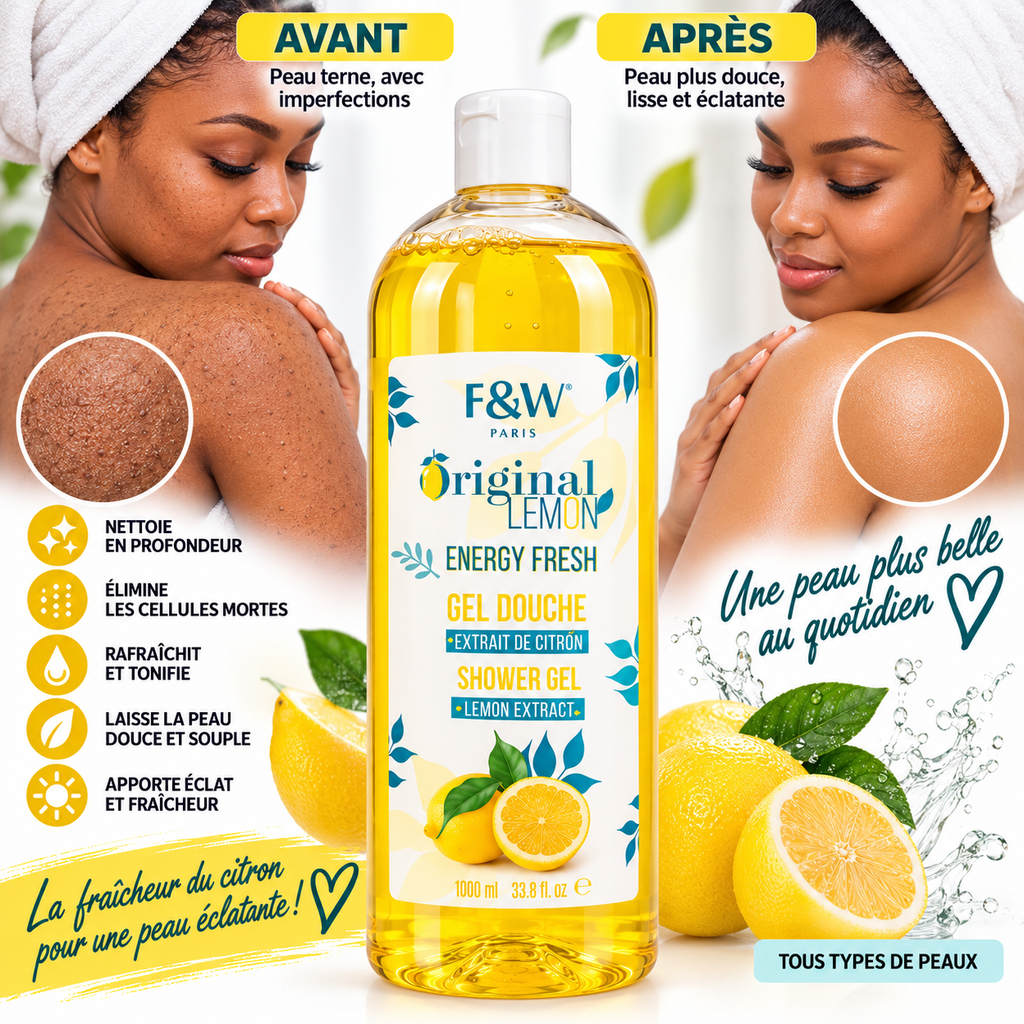 F&W Original Lemon Energy Fresh – Gel Douche à l’Extrait de Citron – Fraîcheur & Éclat – 1 L