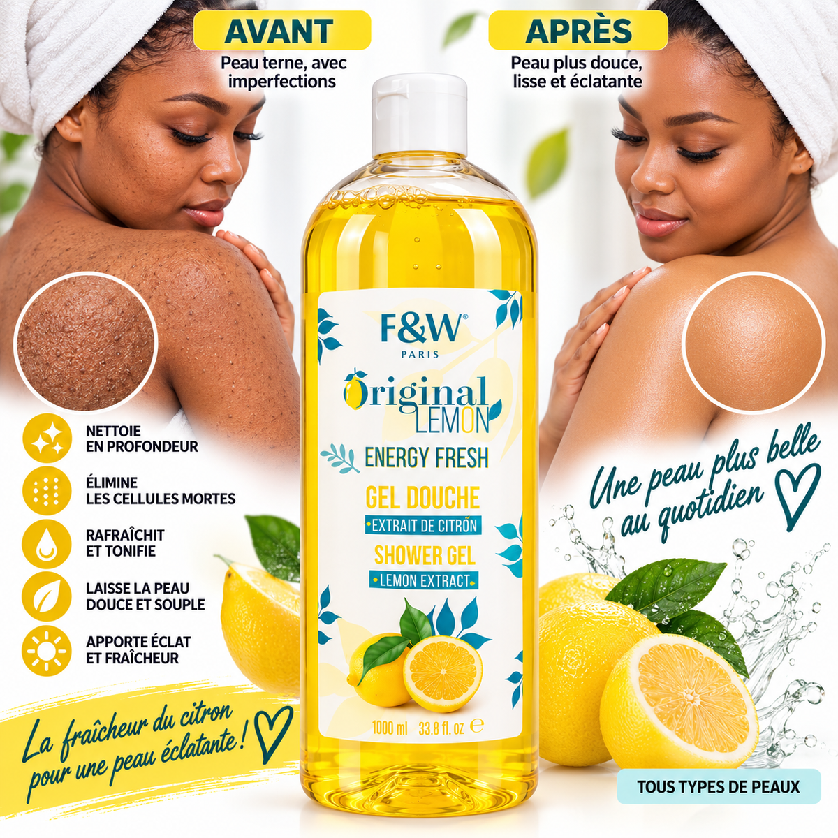 F&W Original Lemon Energy Fresh – Gel Douche à l’Extrait de Citron – Fraîcheur & Éclat – 1 L