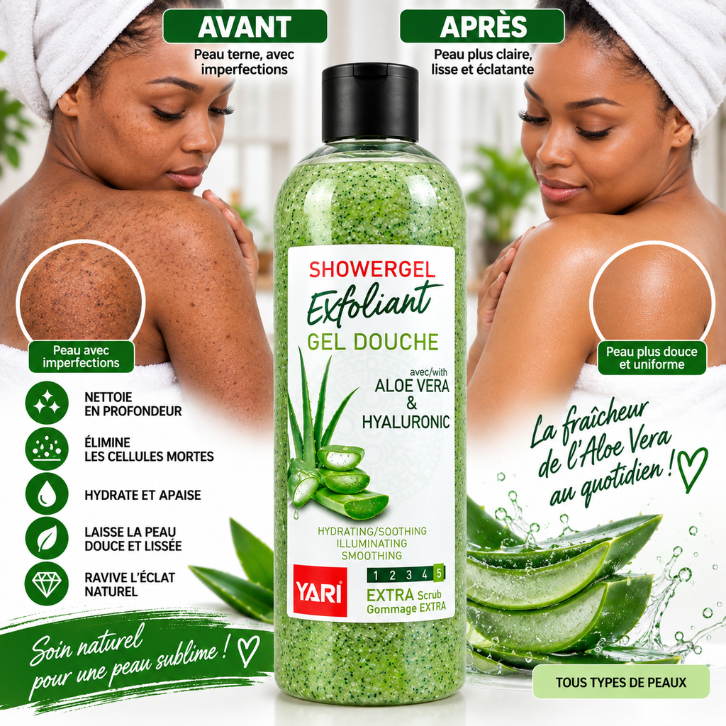 Yari Gel Douche Exfoliant Aloe Vera & Acide Hyaluronique – Hydratation, Douceur & Éclat.