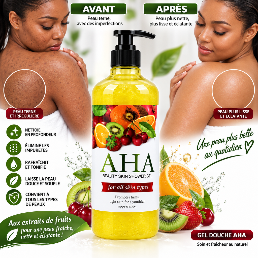 AHA Beauty Skin – Gel Douche aux Acides de Fruits – Nettoyant, Éclat & Peau Lisse.