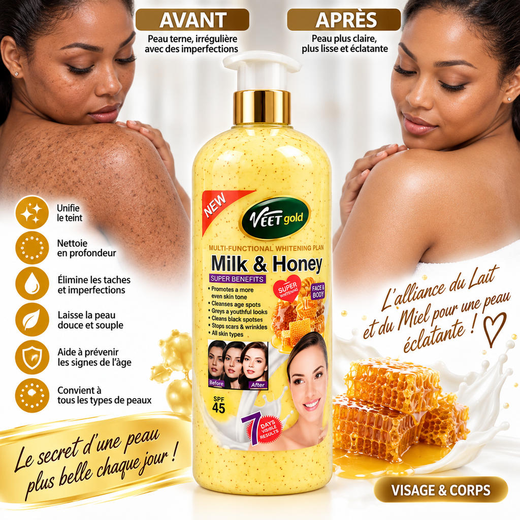 Veet Gold Milk & Honey – Lotion Corps Multi-Action au Lait & Miel – Soin Éclat & Peau Uniforme.