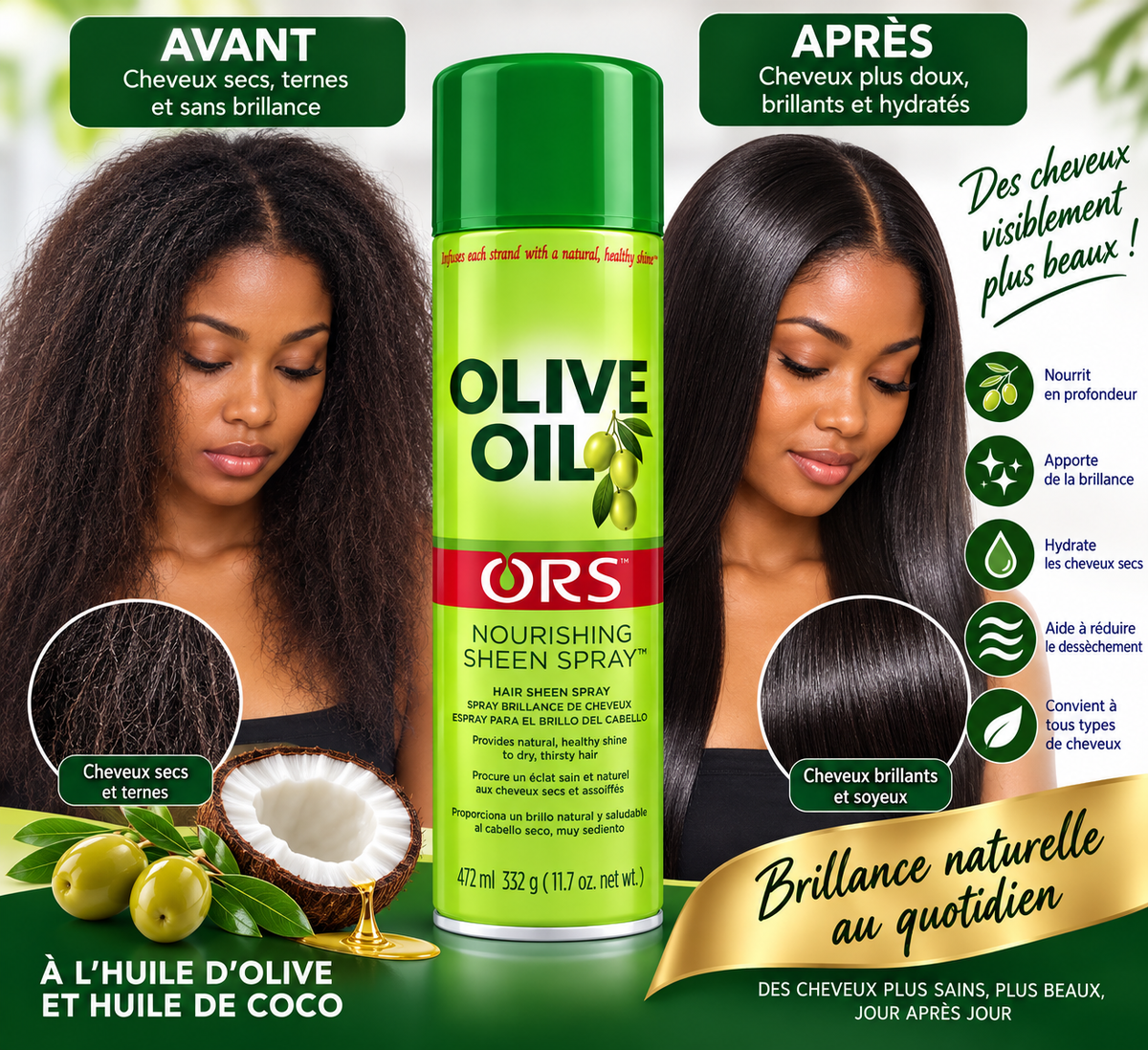 ORS Olive Oil Nourishing Sheen Spray – Spray Brillance Nourrissant à l’Huile d’Olive – 472 ml