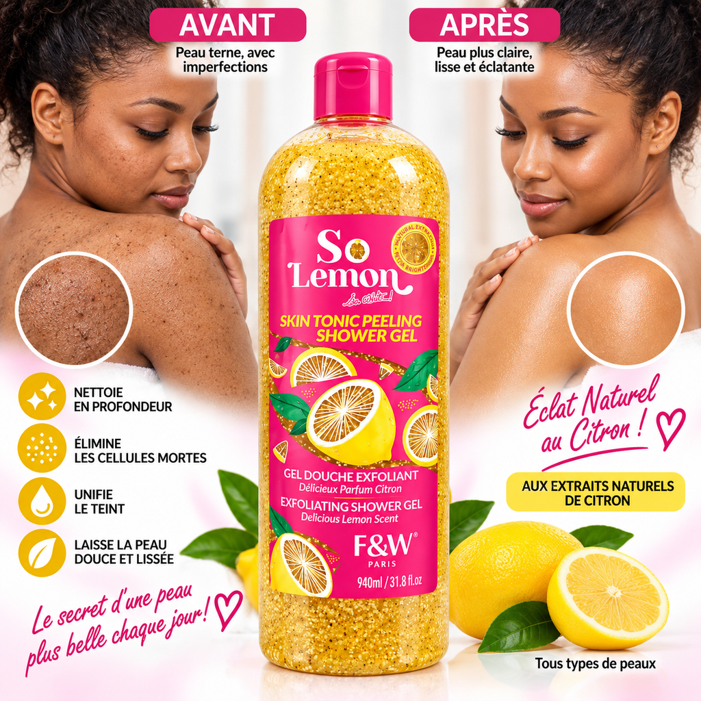 F&W So Lemon – Gel Douche Exfoliant au Citron – Éclat & Peau Lisse – 940 ml