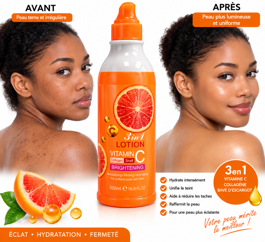 Lotion Corps 3-en-1 Vitamine C, Collagène & Bave d’Escargot – Éclat & Hydratation 500 ml