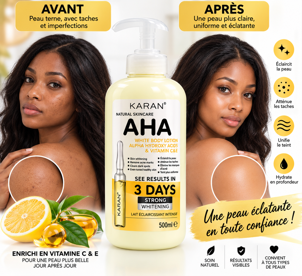 KARAN AHA White Body Lotion – Lotion Corps aux AHA, Vitamines C & E – 500 ml