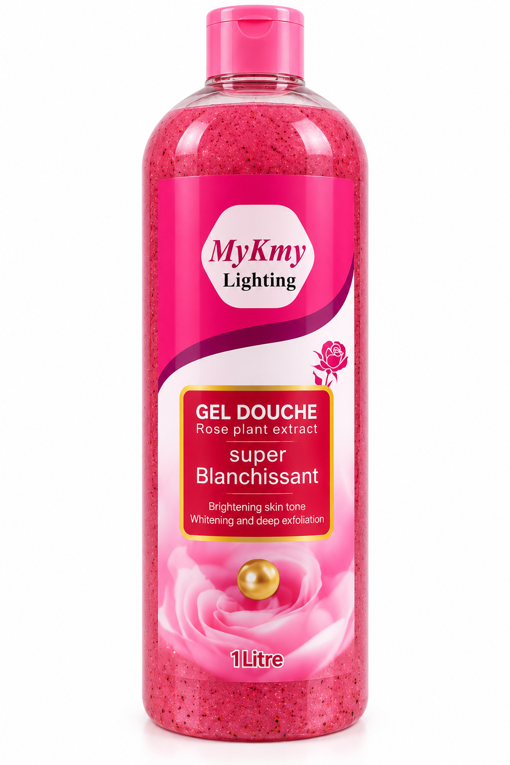 MyKmy Lighting – Gel Douche Exfoliant à l’Extrait de Rose – Soin Éclat & Peau Uniforme – 1 L