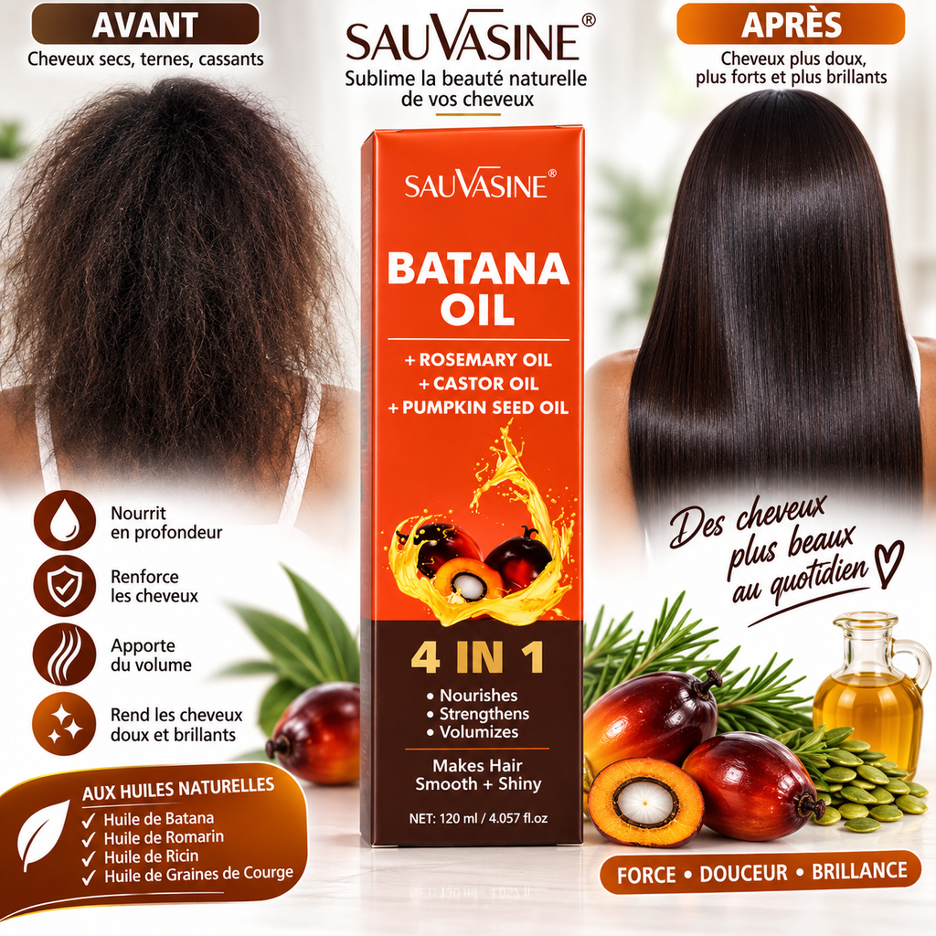 Sauvasine Batana Oil 4-en-1 – Huile Capillaire au Batana, Romarin, Ricin & Graines de Courge – 120 ml.