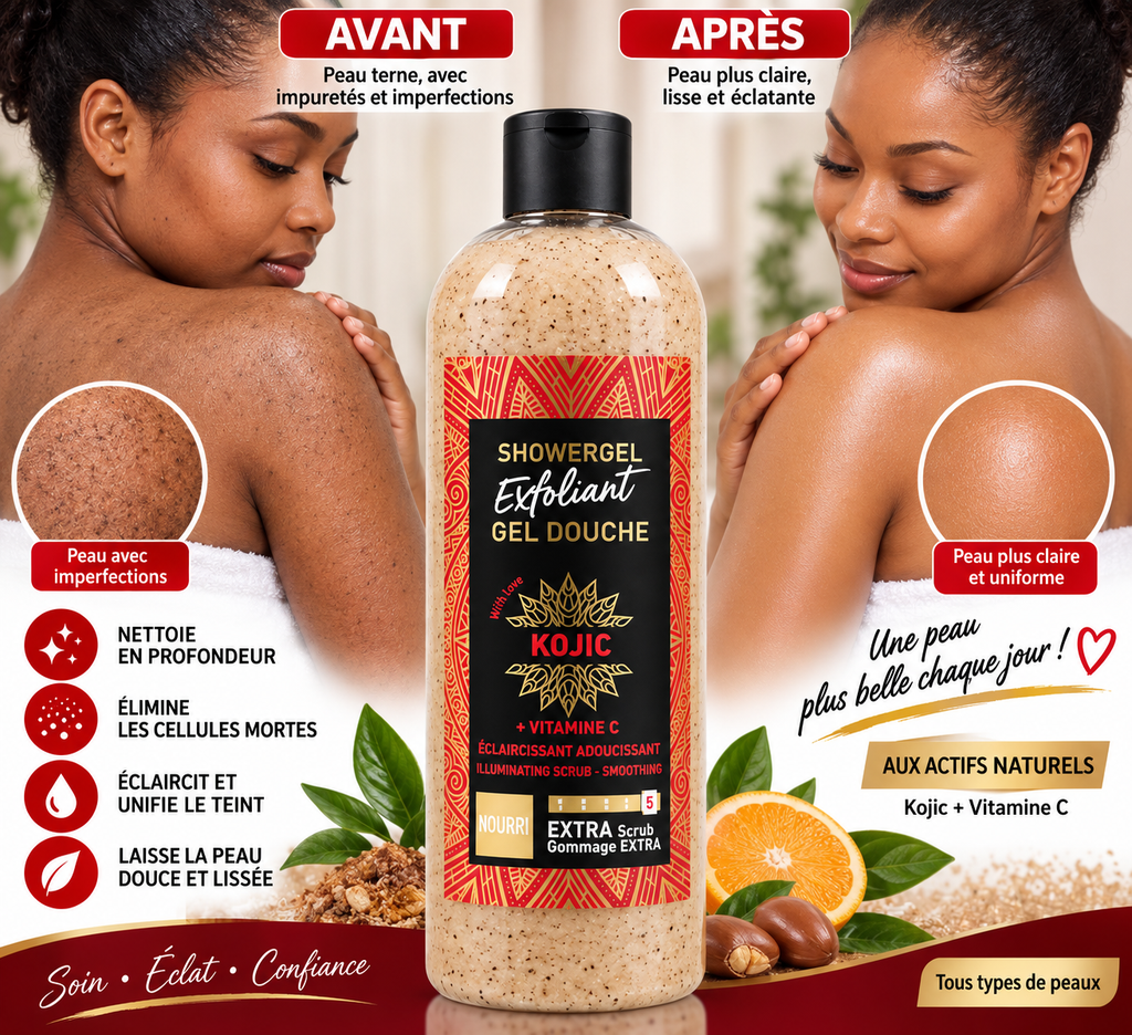Gel Douche Exfoliant Kojic + Vitamine C – Gommage Extra, Éclat & Peau Uniforme.