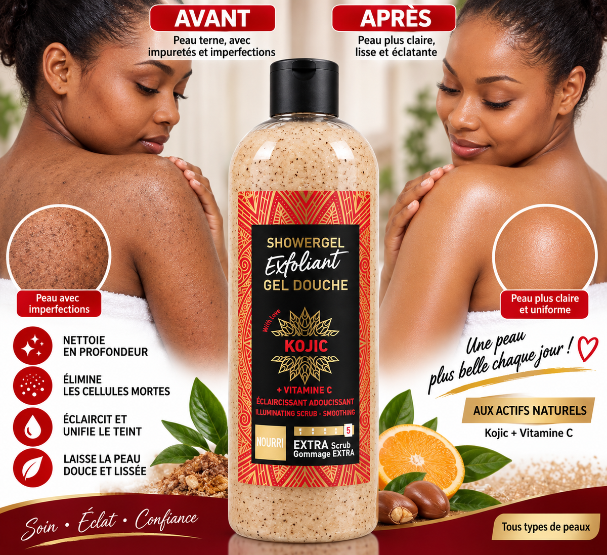 Gel Douche Exfoliant Kojic + Vitamine C – Gommage Extra, Éclat & Peau Uniforme.
