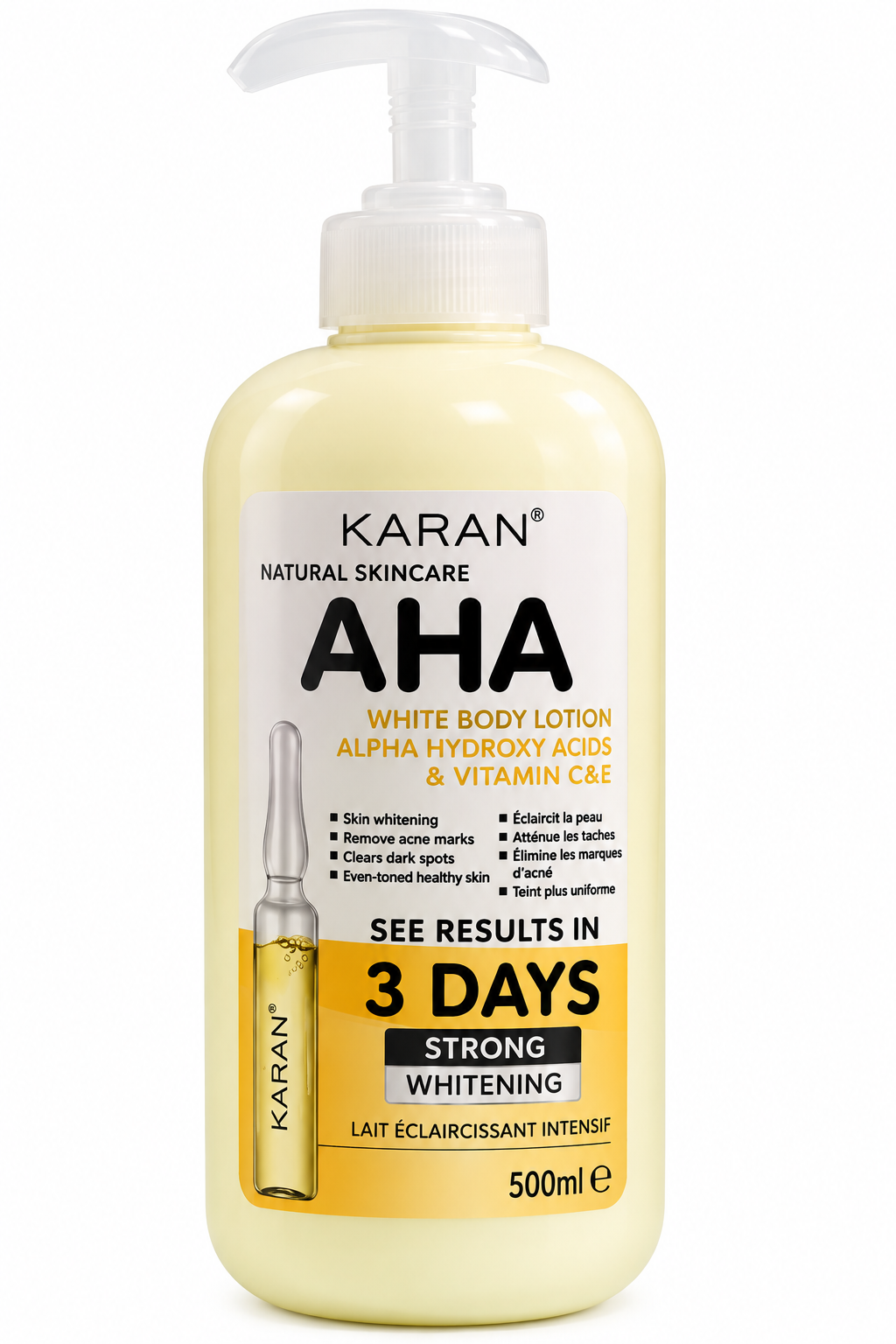 KARAN AHA White Body Lotion – Lotion Corps aux AHA, Vitamines C & E – 500 ml