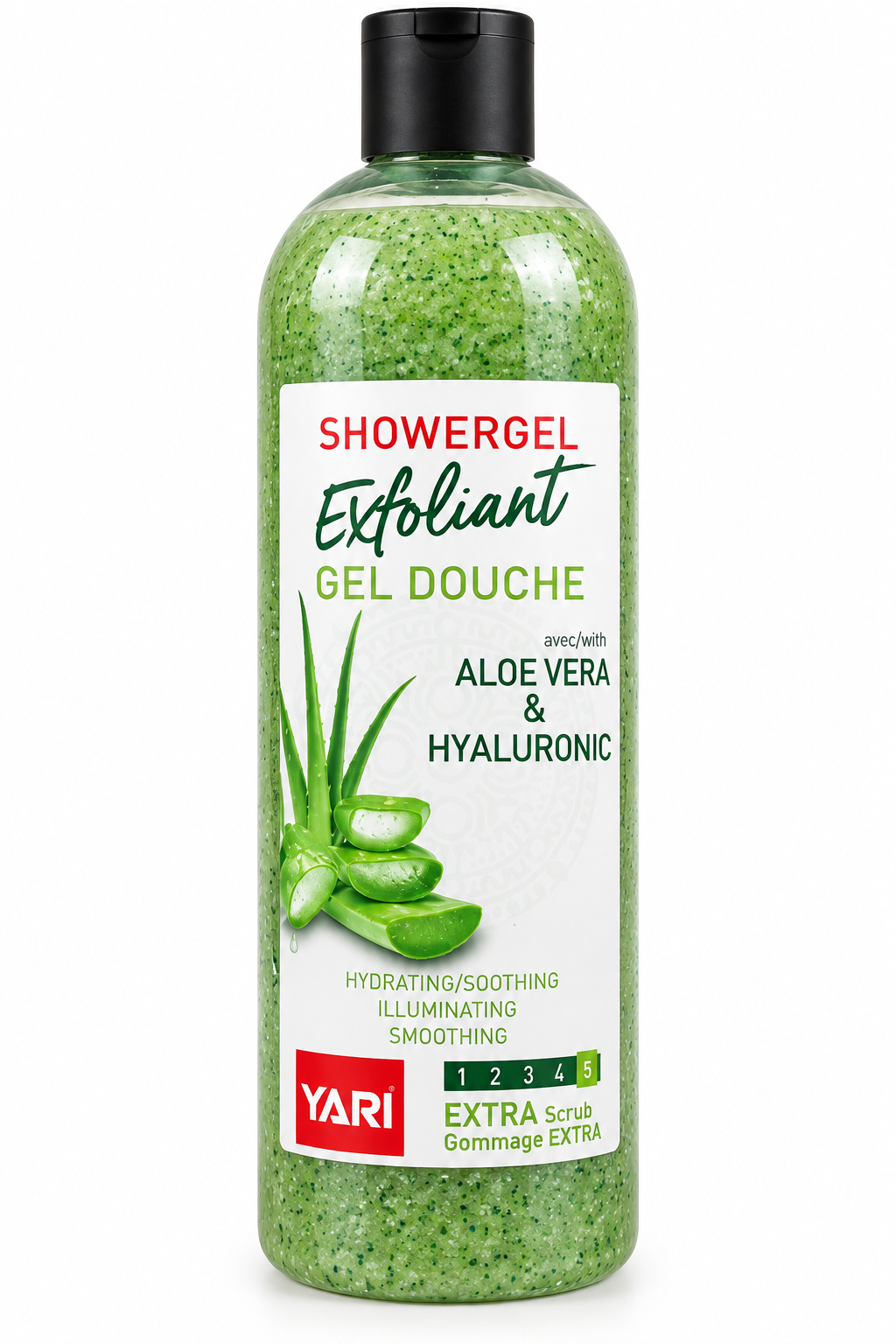 Yari Gel Douche Exfoliant Aloe Vera & Acide Hyaluronique – Hydratation, Douceur & Éclat.